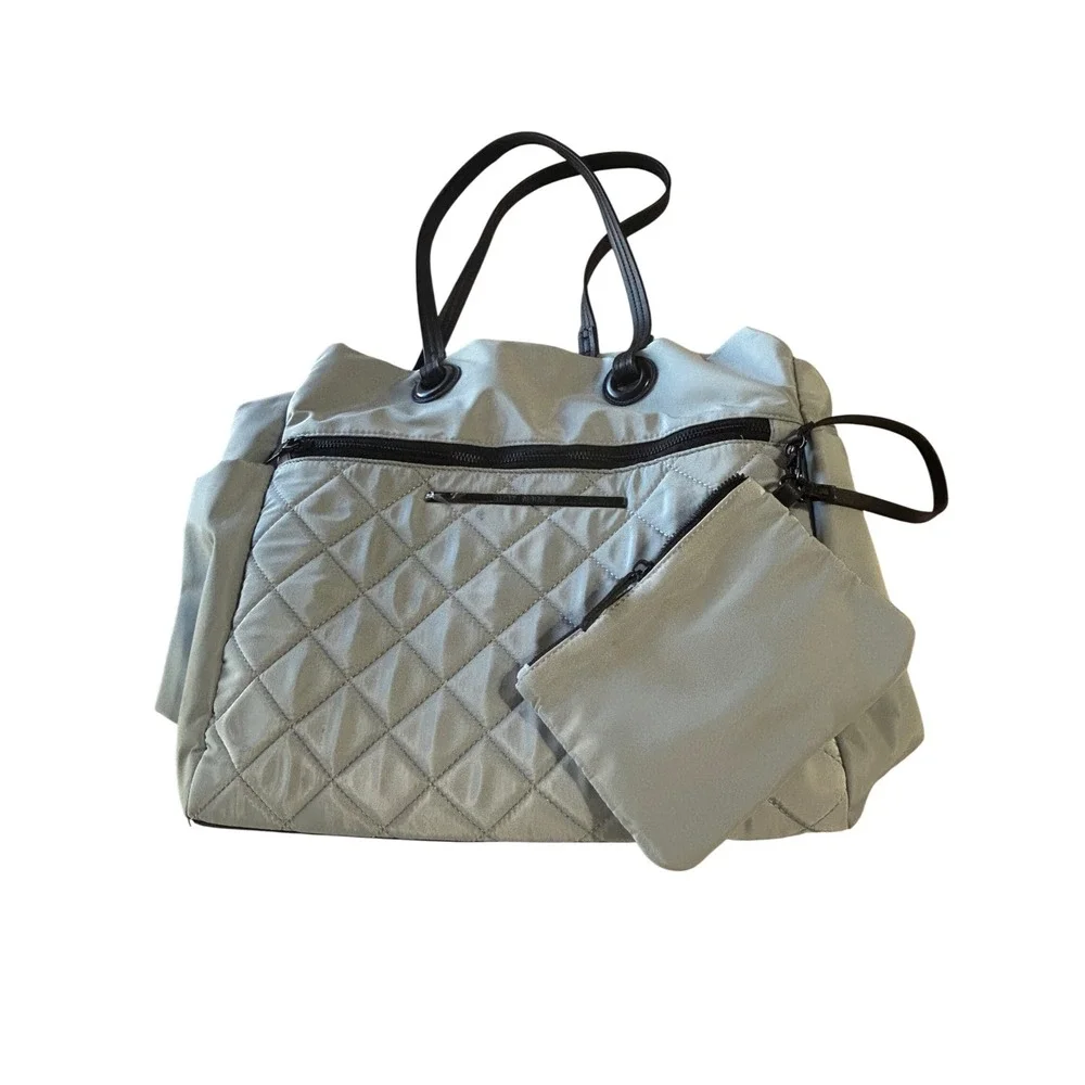 Steve Madden Quilted Nylon Tote Bag Blue Grey‎ Shoulder Bag with Pouch